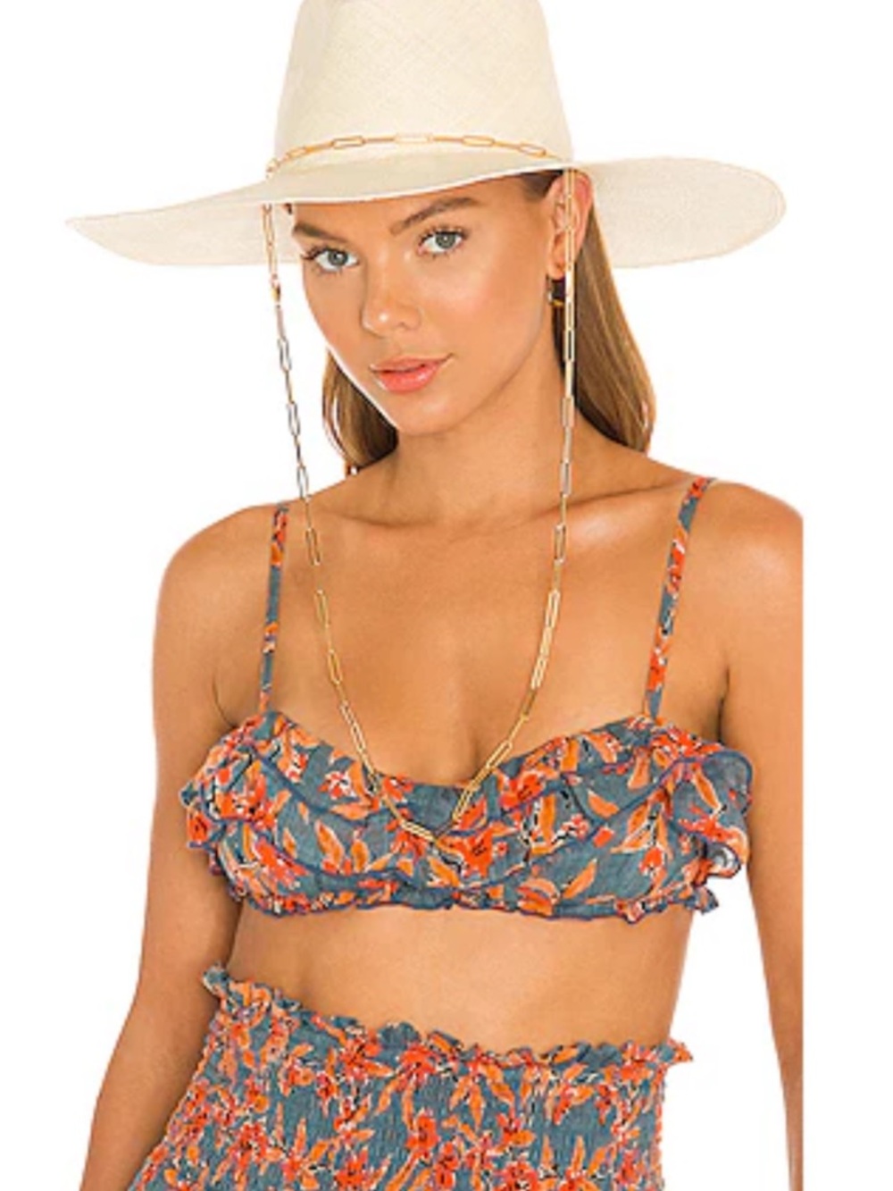 Free People Floral Ruffled Bandeau Bralette in Teal and Orange
